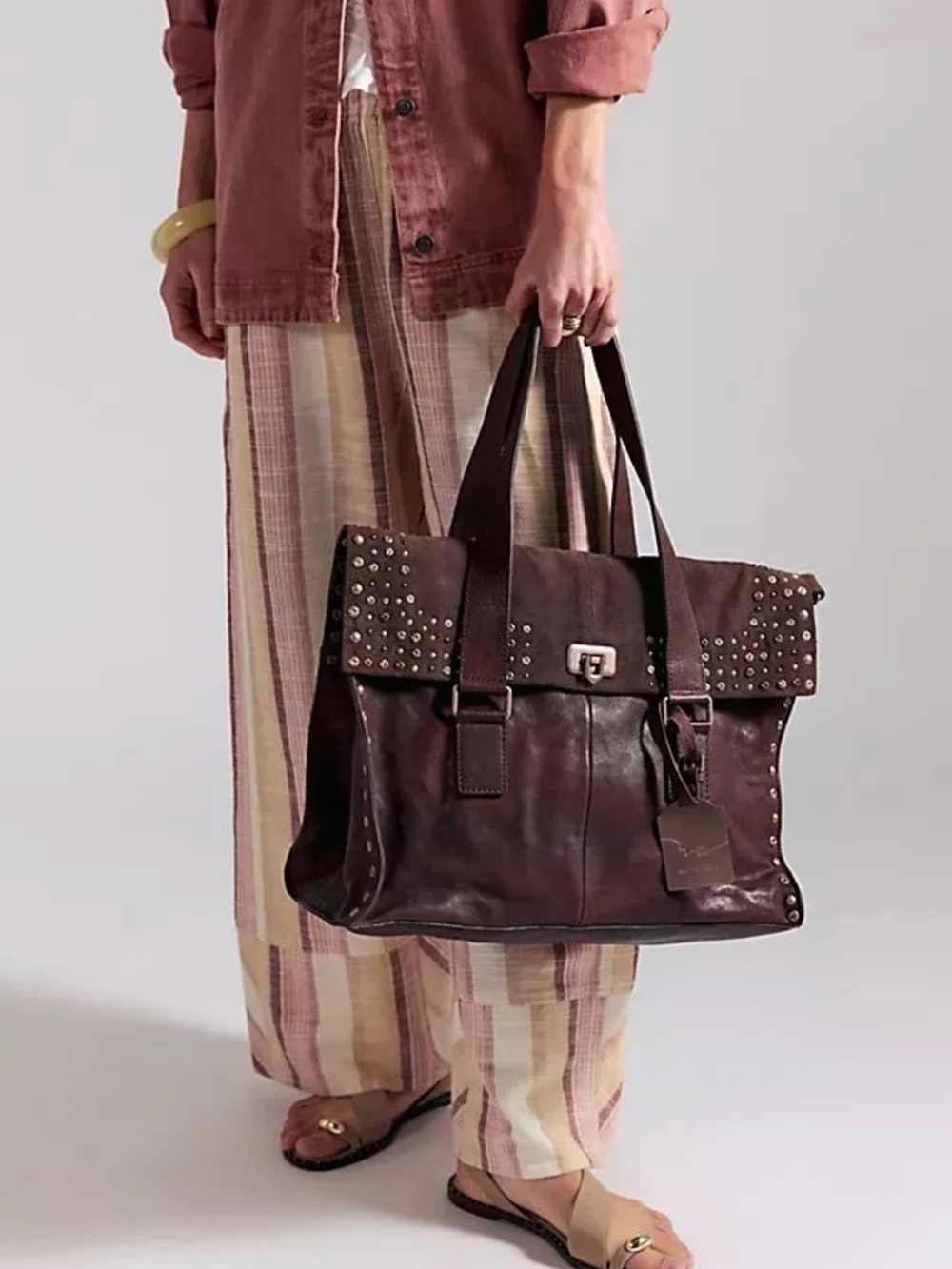 $298! Sold Out! FP We The Free Shay Stud Tote Espresso crafted of leather suede - Picture 4 of 7